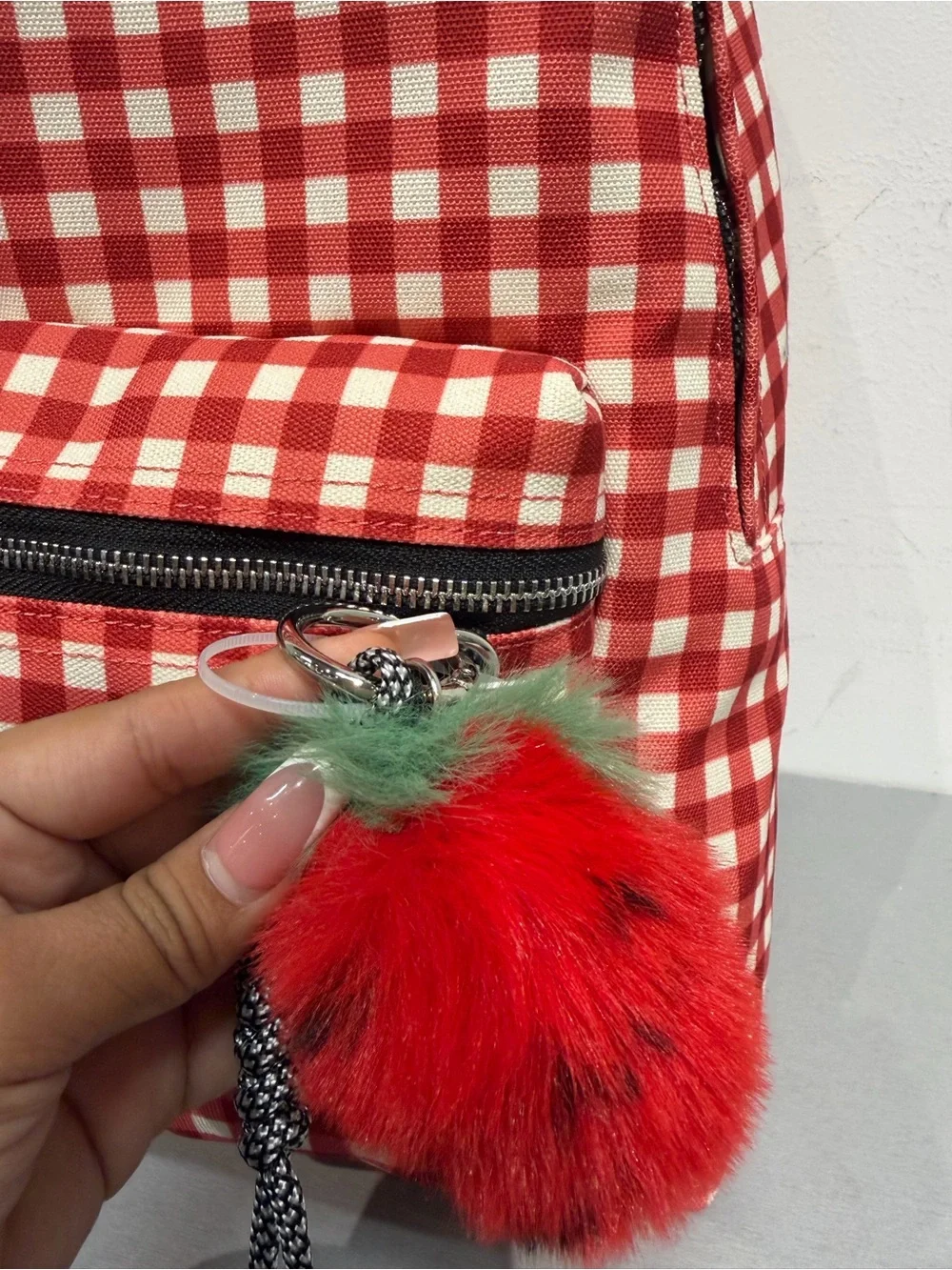 Steve Madden Red and Cream Gingham Backpack with Pom Charm